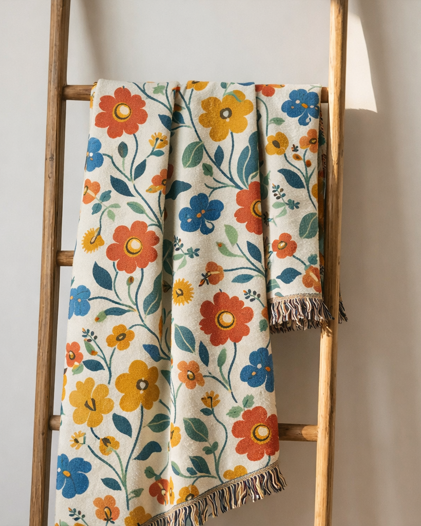 Autumn Bloom luxury woven throw blanket hanging vertically – soft cotton floral blanket for cozy layered interior styling