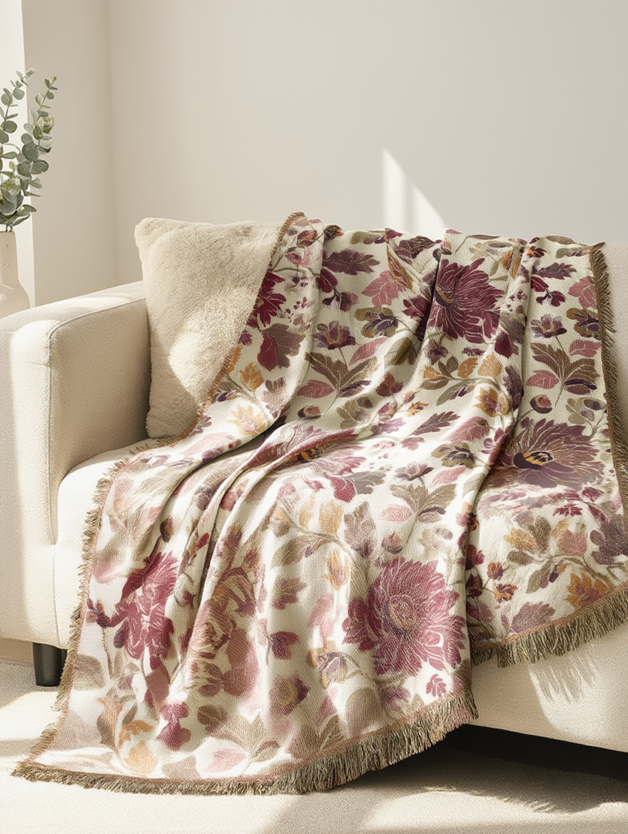 Crimson Meadow luxury woven throw blanket styled on sofa – rich crimson cotton floral blanket for layered traditional home decor