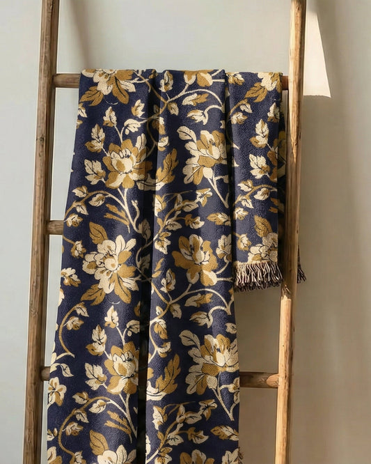 Midnight Bloom navy floral woven throw blanket hanging vertically – premium cotton jacquard tapestry for statement interior styling