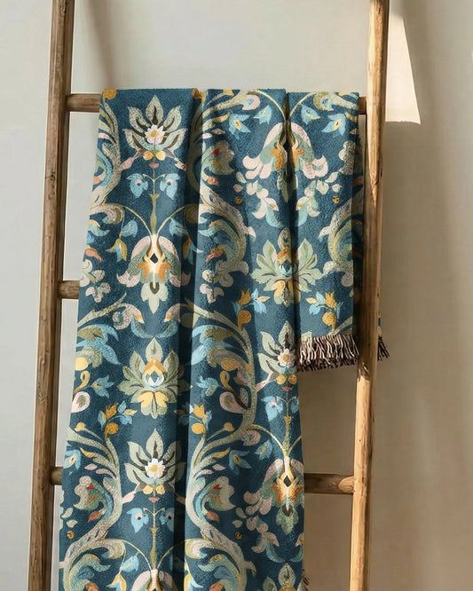 Royal Vine royal blue floral vine woven throw blanket hanging vertically – premium cotton jacquard tapestry for elegant heritage interior styling