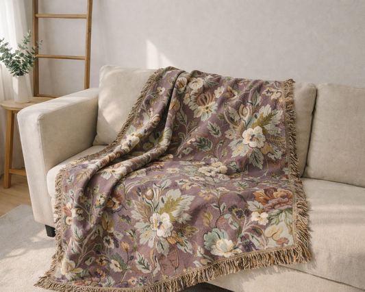 Velvet Meadow cotton woven throw blanket styled on sofa – muted blush floral tapestry blanket for refined classic interior styling