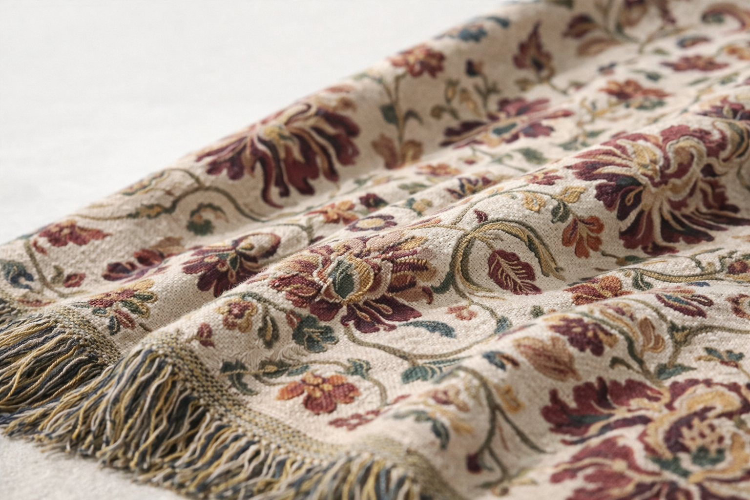 Floral woven throw blanket with fringed edges on neutral background