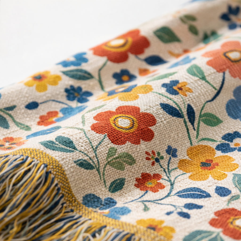 Autumn Bloom jacquard woven throw blanket close up – warm terracotta and golden floral cotton tapestry with detailed textured fringe