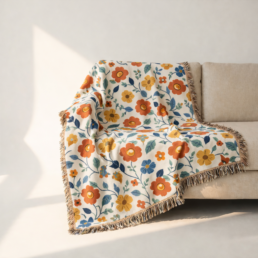 Autumn Bloom woven throw blanket – luxury autumn floral jacquard cotton tapestry blanket for cozy living room and warm seasonal home decor
