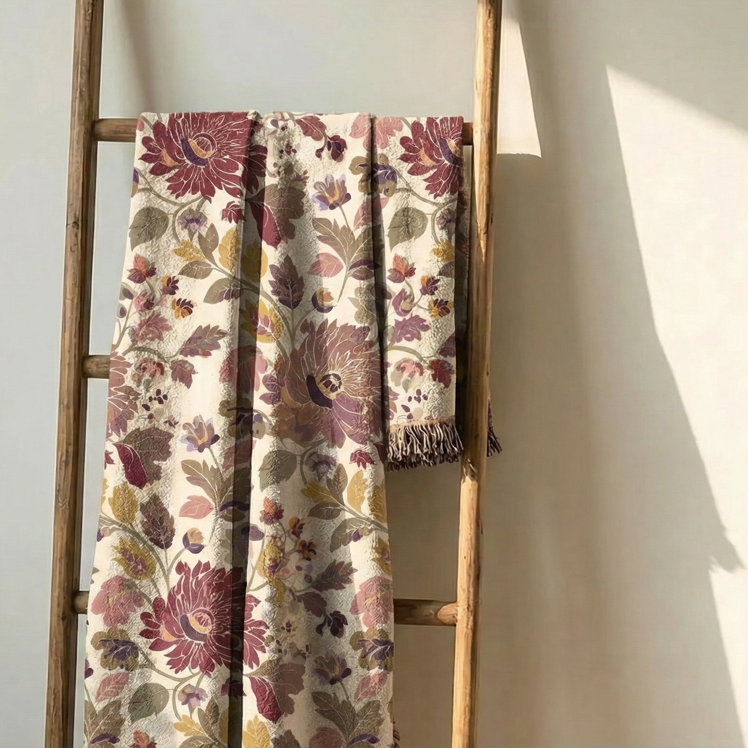 Crimson Meadow crimson floral woven throw blanket hanging vertically – premium cotton jacquard tapestry for warm elegant interior styling