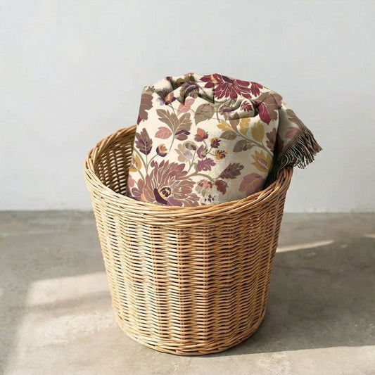 Crimson Meadow woven throw blanket – luxury crimson red floral jacquard cotton tapestry blanket for classic and traditional living room decor