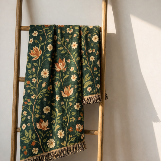 Emerald Bloom emerald floral woven throw blanket hanging vertically – premium cotton jacquard tapestry for elegant moody interior styling
