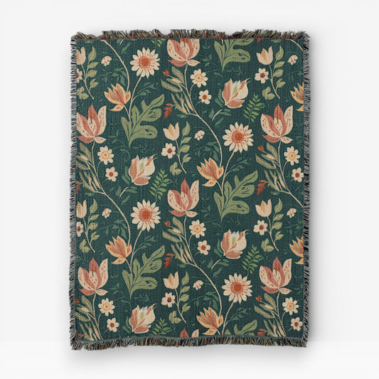 Emerald Bloom woven throw blanket – luxury emerald green floral jacquard cotton tapestry blanket for moody and dramatic living room decor