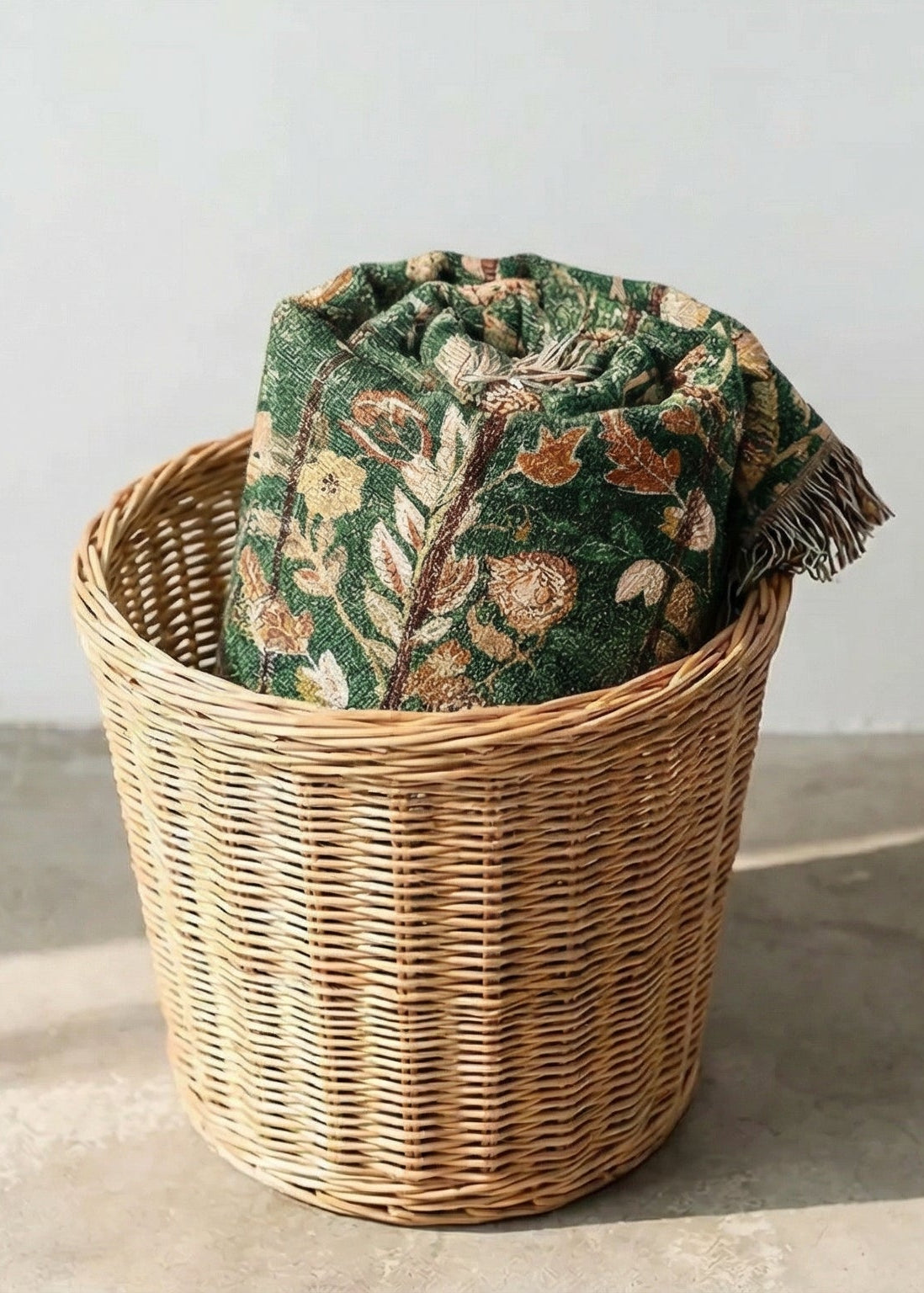 Emerald Grove luxury woven throw blanket styled in basket – deep emerald cotton floral blanket for refined classic home decor