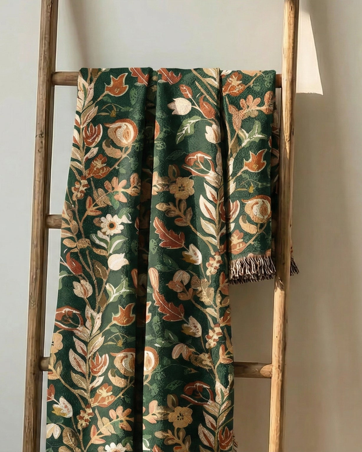 Emerald Grove emerald green floral woven throw blanket hanging vertically – premium cotton jacquard tapestry for elegant interior styling