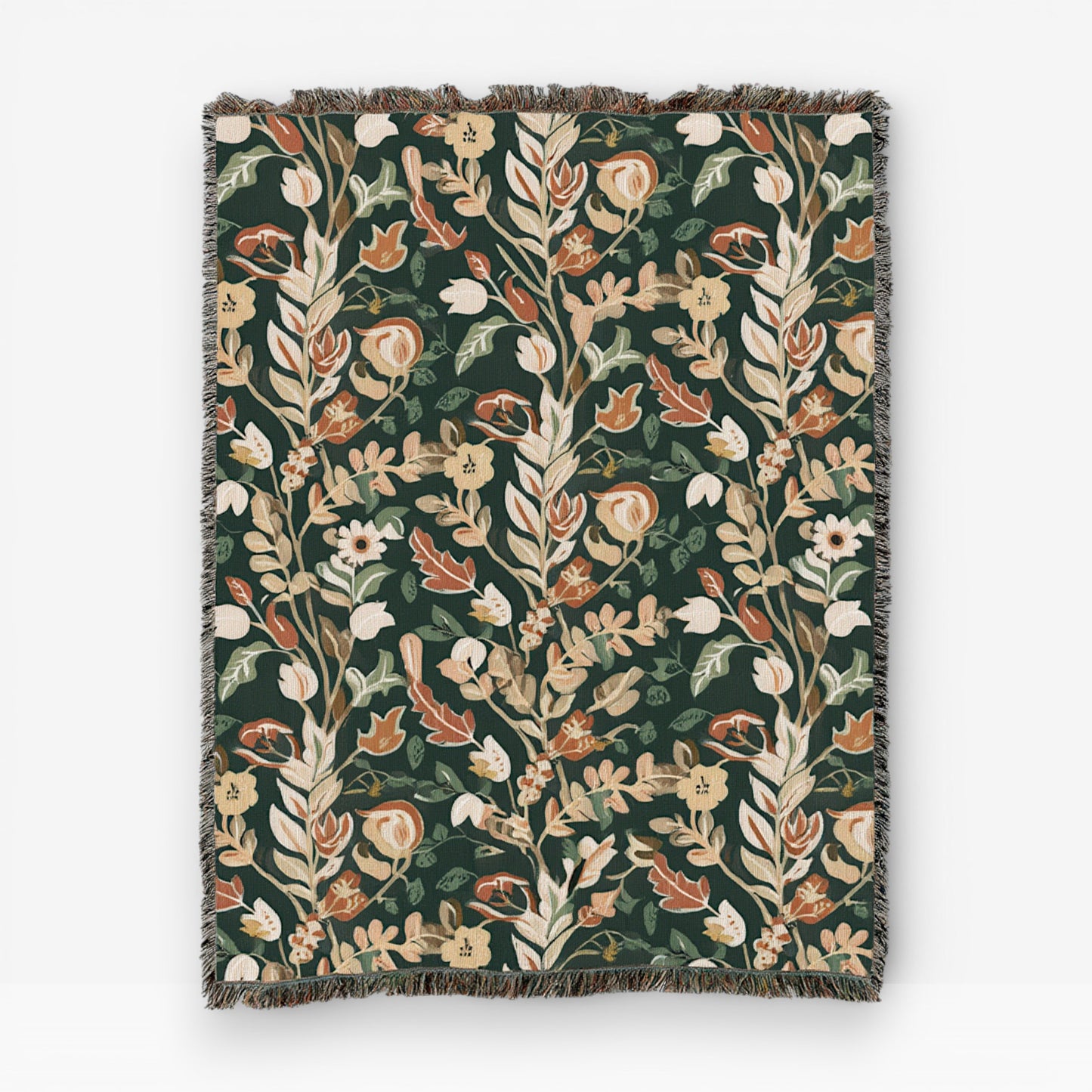 Emerald Grove woven throw blanket – luxury emerald green botanical jacquard cotton tapestry blanket for classic and heritage living room decor