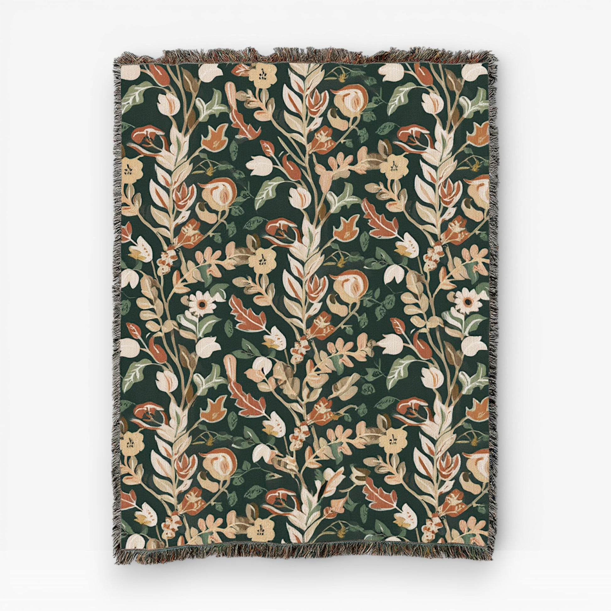 Emerald Grove woven throw blanket – luxury emerald green botanical jacquard cotton tapestry blanket for classic and heritage living room decor