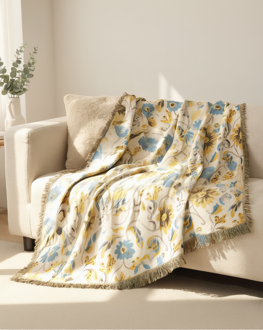 Golden Meadow luxury woven throw blanket on sofa – sunlit jacquard cotton floral blanket for airy Scandinavian and contemporary decor