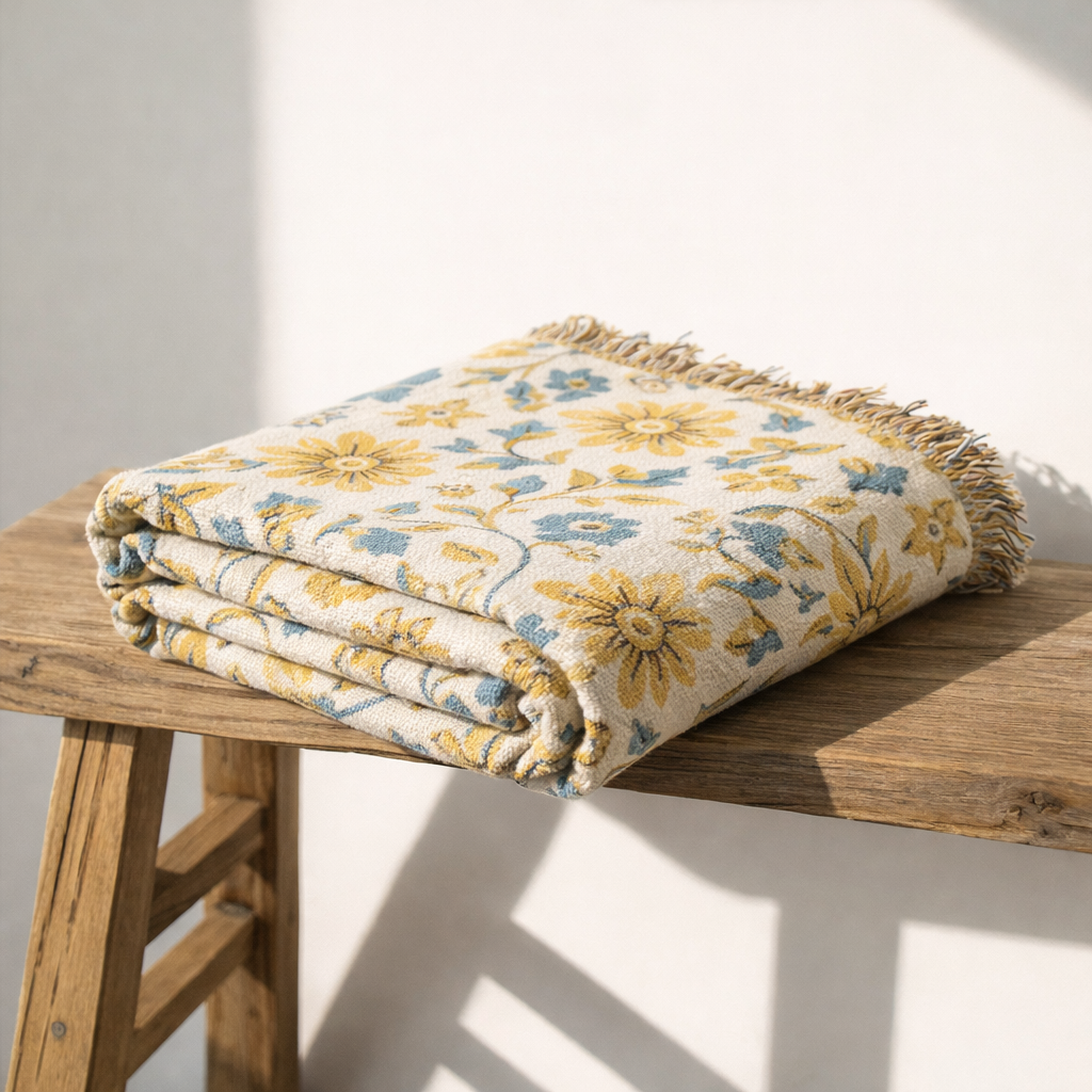 Golden Meadow woven throw blanket – luxury golden yellow floral jacquard cotton tapestry blanket for bright Scandinavian living room decor