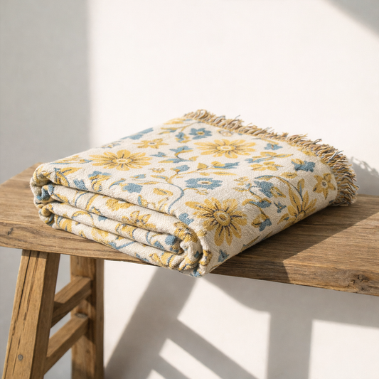 Golden Meadow woven throw blanket – luxury golden yellow floral jacquard cotton tapestry blanket for bright Scandinavian living room decor