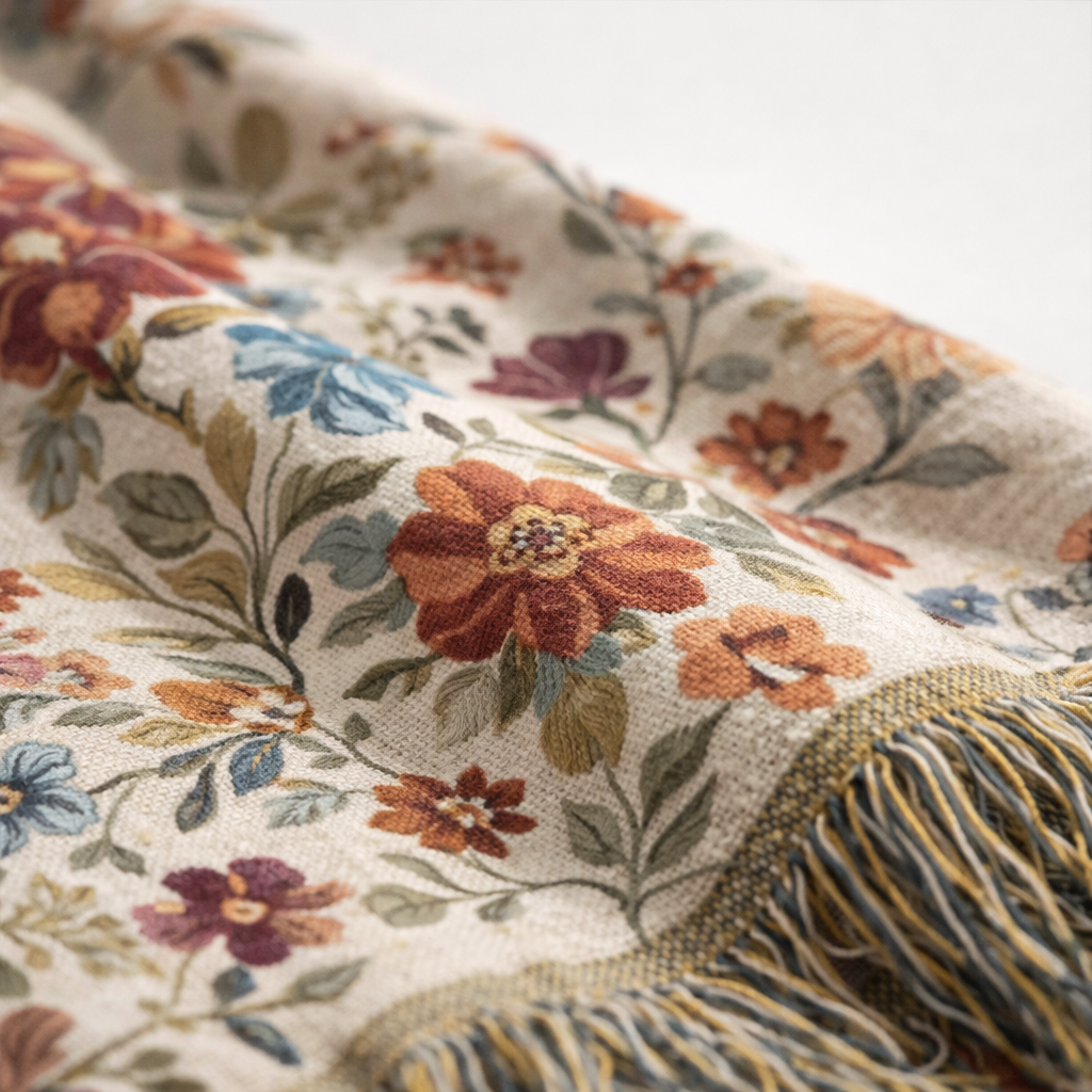 Meadow Pop jacquard woven throw blanket close up – vibrant floral cotton tapestry with rich texture and detailed fringe