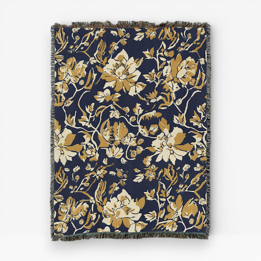 Midnight Bloom woven throw blanket – luxury navy blue jacquard cotton floral tapestry blanket for sofa and elegant living room decor