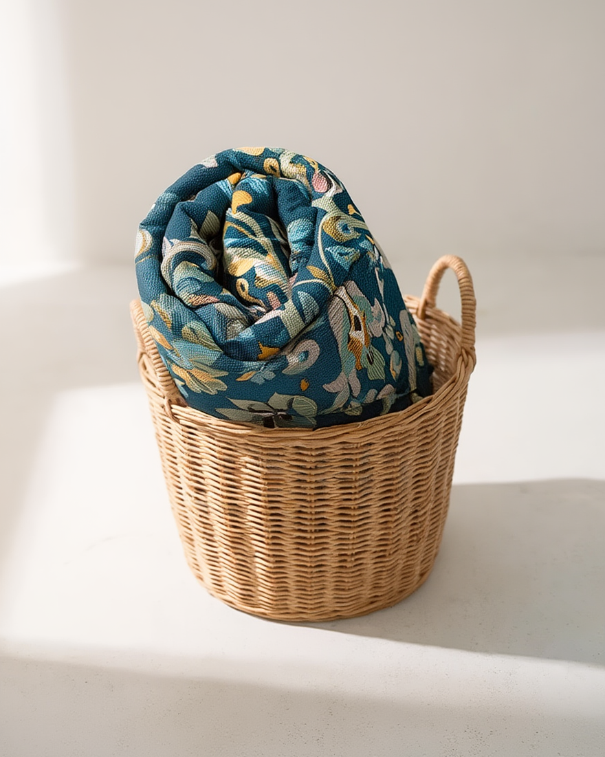 Royal Vine luxury woven throw blanket styled in basket – deep blue cotton floral tapestry blanket for refined European home decor