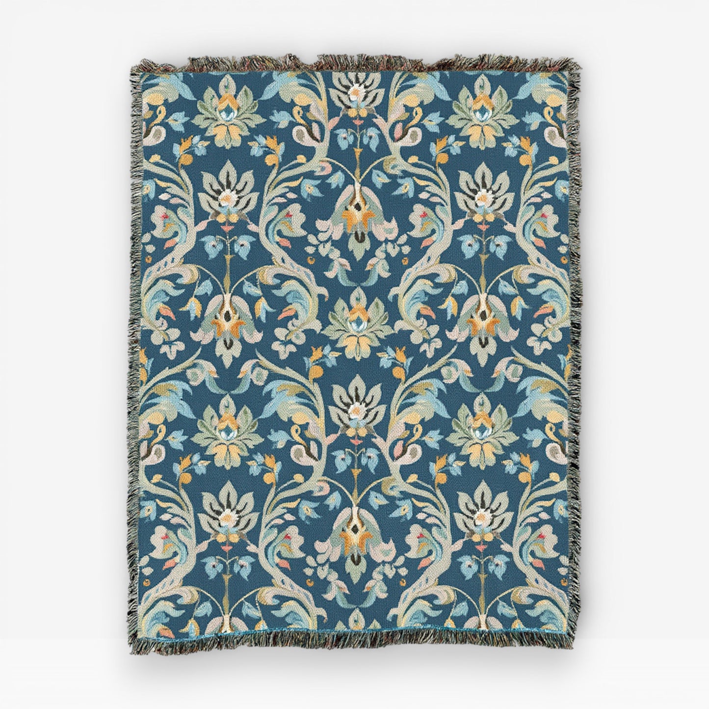 Royal Vine woven throw blanket – luxury royal blue ornate jacquard cotton tapestry blanket for European classic living room decor