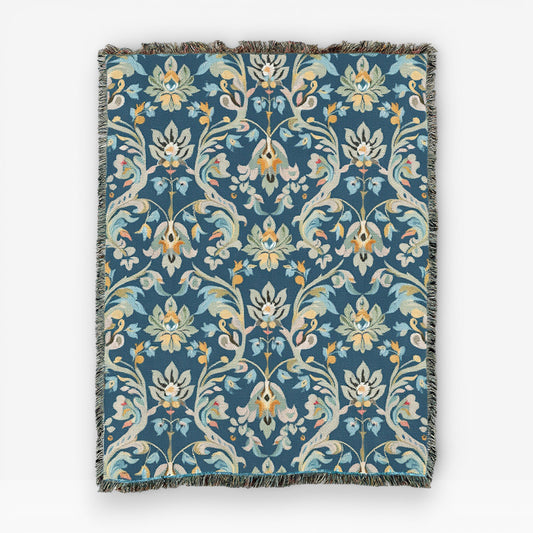 Royal Vine woven throw blanket – luxury royal blue ornate jacquard cotton tapestry blanket for European classic living room decor