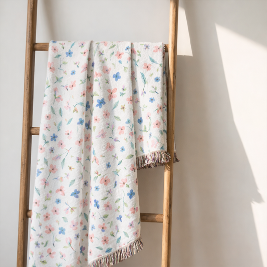 Soft Meadow woven throw blanket – pastel floral jacquard cotton blanket for Scandinavian living room and light modern home decor