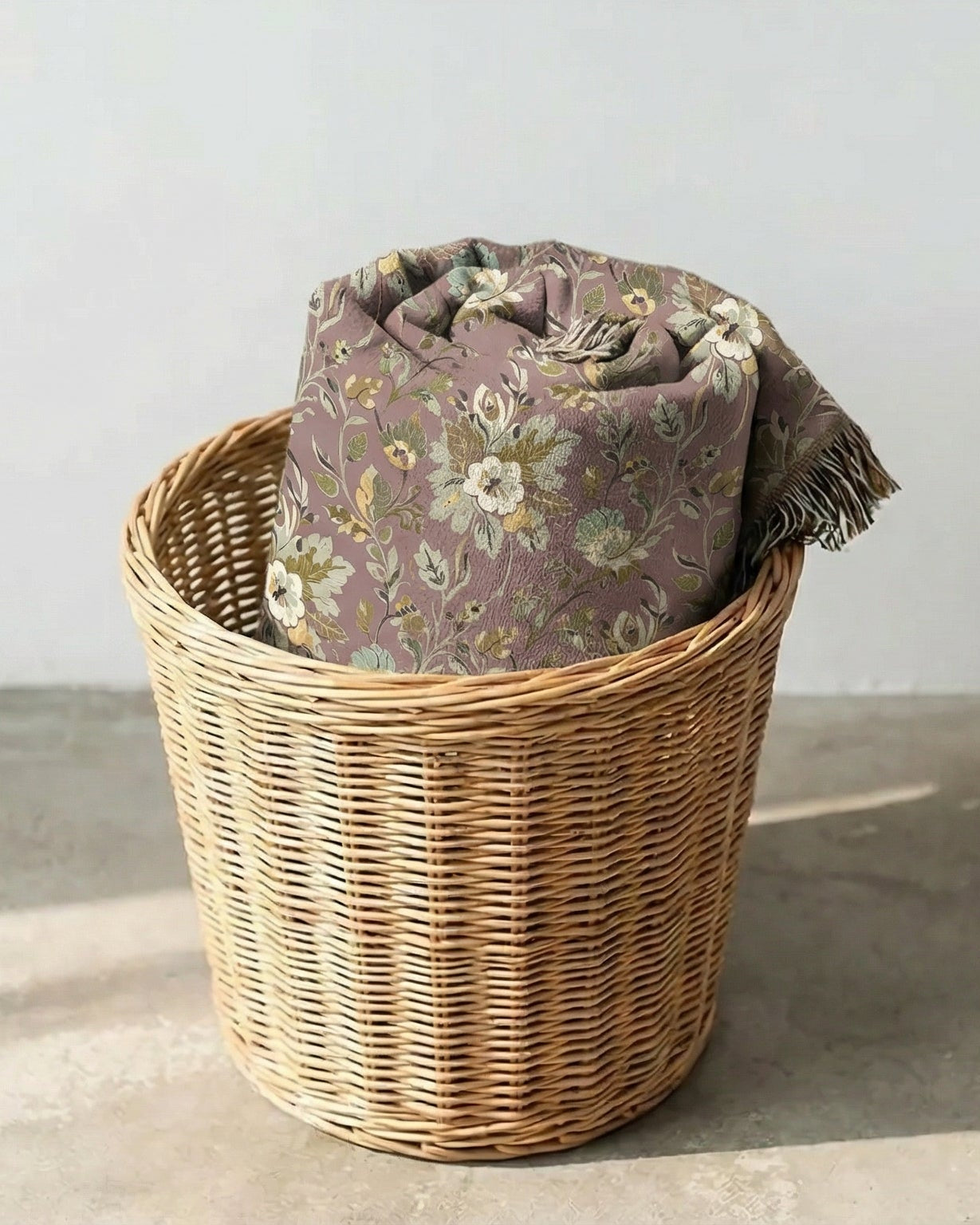 Velvet Meadow luxury woven throw blanket in basket – soft dusty rose cotton floral blanket for elevated modern home decor