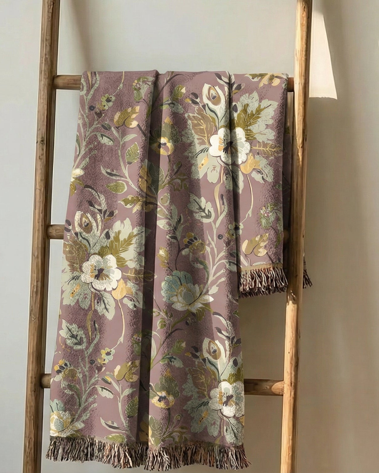 Velvet Meadow woven throw blanket – luxury dusty rose floral jacquard cotton tapestry blanket for romantic and elegant living room decor