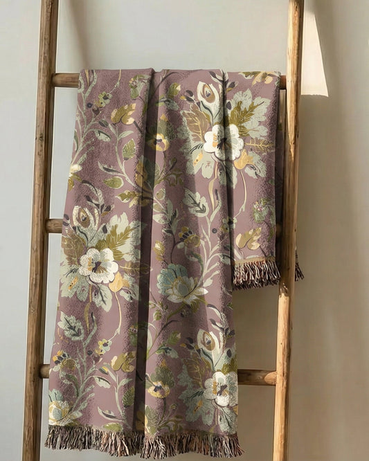 Velvet Meadow woven throw blanket – luxury dusty rose floral jacquard cotton tapestry blanket for romantic and elegant living room decor